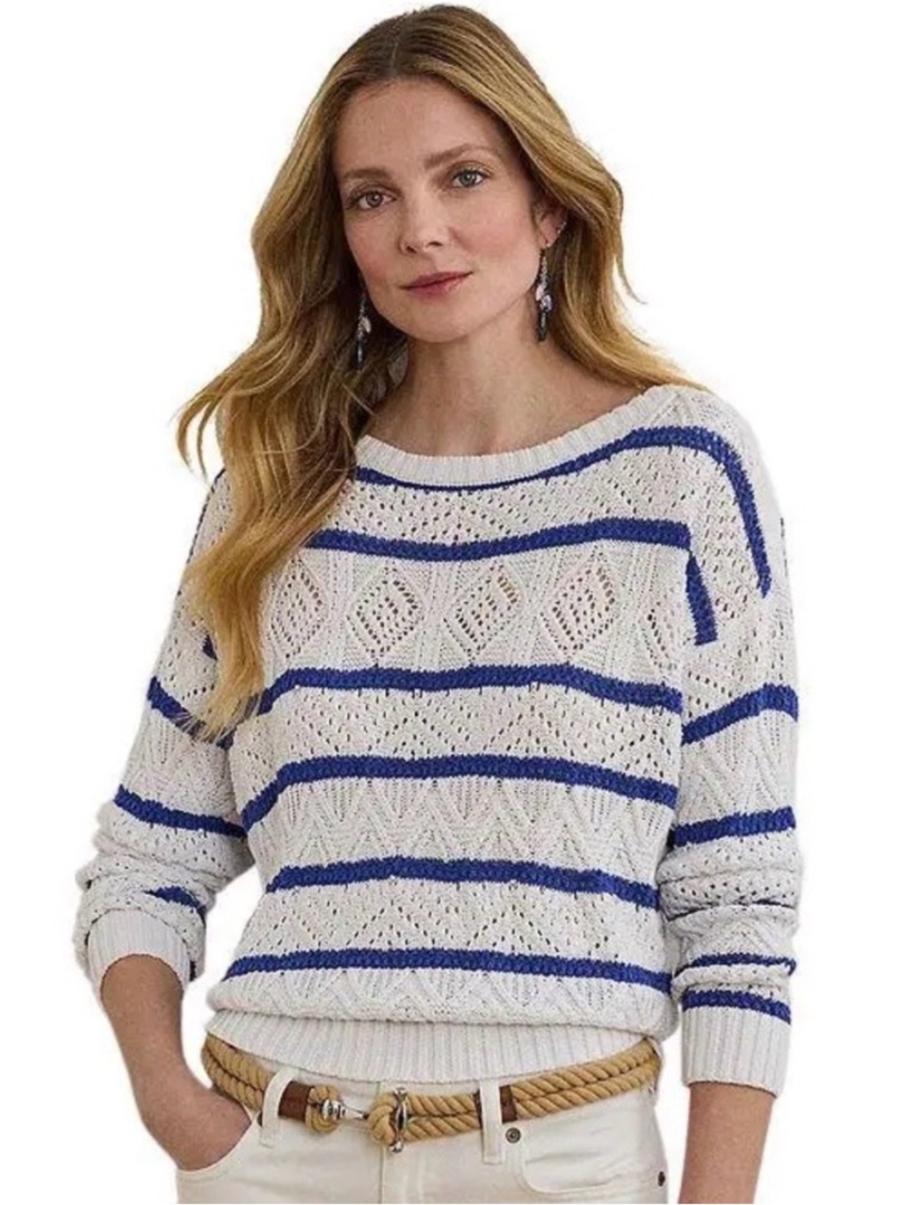 Lauren Ralph Lauren Open Knit Striped Sweater Women M White Blue Cotton Blend